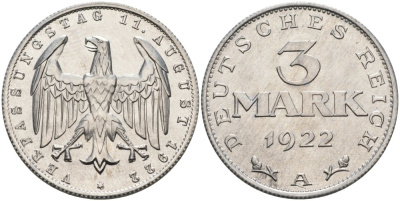 Германия 3 марки 1922 А, третья годовщина Веймарской Конституции KM 29, J.303 алюминий UNC 4574-742