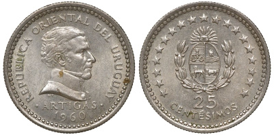 Уругвай 25 сентесимо 1960 KM 40 медно-никель 4169-922