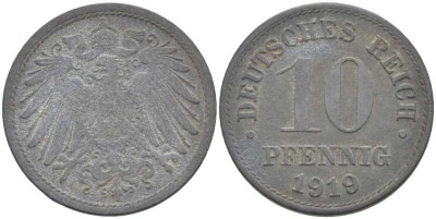 ГЕРМАНИЯ 10 ПФЕННИГОВ 1919 KM 26, J. 299 цинк 4401-137