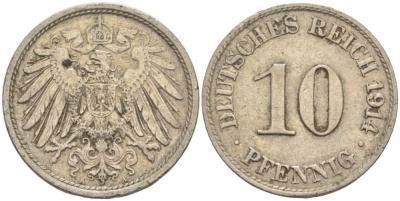 ГЕРМАНИЯ 10 ПФЕННИГОВ 1914 A KM 12, J. 13 медно-никель 33-956