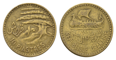 Ливан 10 пиастров 1955 год-тип KM 22 алюминиевая бронза 4679-428