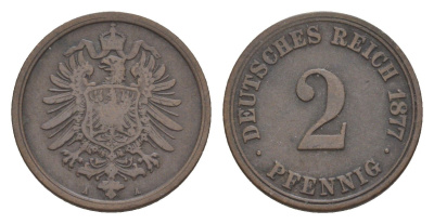 Германия 2 пфеннига 1877 A, Вильгельм II (1888-1918) KM 2, J. 2, Weege 3 медь 4639-1212