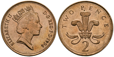 Великобритания 2 пенса 1994 Елизавета II (1952-2022) KM 936a, Spink 4376 (C4) сталь плакированная медью 3333-125