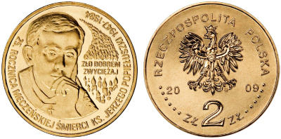 Польша 2 злотых 2009 MW, 25 лет со дня убийства Ежи Попелушко (1947-1984) KM 700 нордик UNC 4676-546