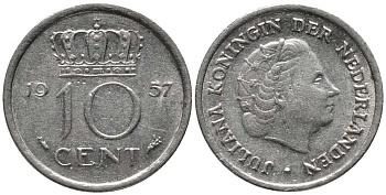 Нидерланды 10 центов 1957 Юлиана (1948-1980) KM 182 никель 112-737