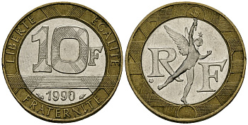 Франция 10 франков 1990 тип Гений Бастилии KM 964.1, Le Frank 375.5 биметалл 4135-541