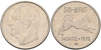Норвегия 50 эре 1973 Улаф V (1957-1991), собака KM 408 медно-никель 4582-724