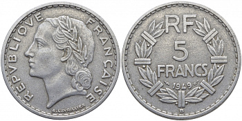 Франция 5 франков 1949 В, тип Лаврийе KM 888b.2, LE FRANC 339.19 алюминий 109-526
