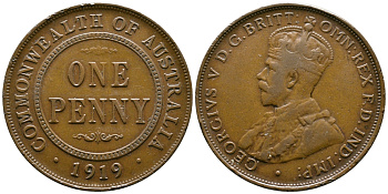 Австралия 1 пенни 1919 Георг V KM 23 бронза 4607-813