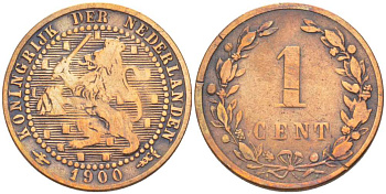 НИДЕРЛАНДЫ 1 ЦЕНТ 1900 ВИЛЬГЕЛЬМИНА (1890-1948), LARGE DATE KM 107 бронза 218-857