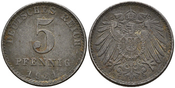 Германия 5 пфеннигов 1921 A KM 19, J. 297 железо 4151-637