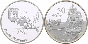 Финляндия 50 евро 1997 75 лет Аландскому самоуправлению, корабль серебро PROOF 04-092-11