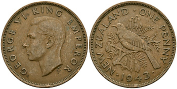 Новая Зеландия 1 пенни 1943 Георг VI (1936-1952), новозеландский туи KM 13 бронза 4165-1215