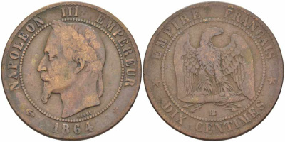 ФРАНЦИЯ 10 САНТИМОВ 1864 BB, НАПОЛЕОН III (1852-1870) KM 798.2, LE FRANC 134.12 бронза 4389-934
