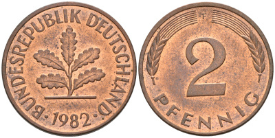 ФРГ 2 ПФЕННИГА 1982 F KM 106a, J.381a сталь плакированная сталь плакированная медьюю UNC 75-447