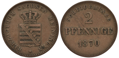 Саксен-Мейнинген 2 пфеннига 1870  KM 174, Jaeger 448, AKS 220 медь    413-5523