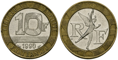 Франция 10 франков 1990 тип Гений Бастилии KM 964.1, Le Frank 375.5 биметалл 4135-541