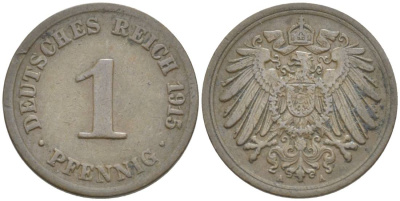 ГЕРМАНИЯ 1 ПФЕННИГ 1915 A KM 10, Jager. 10, Weege 2 медь 4528-659