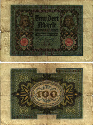 Германия 100 марок 1920 Бамбергский всадник, 8 цифр в номере, серия Q, буква O Pick 69 b, Розенберг 69b бумага 8609-58-2