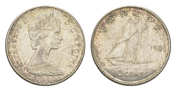 Канада 10 центов 1968 Елизавета II (1952-2022), парусник KM 72 серебро 4623-963