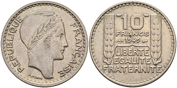 Франция 10 франков 1949 тип Пьер Турин KM 909.1, Le Franc 362.6 медно-никель 4116-1213