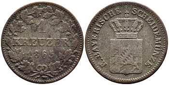 Бавария 1 крейцер 1865 Людвиг II (1864-1886) KM 487 серебро 1530-634