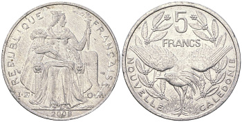 Французская Новая Каледония 5 франков 2008 птица кагу, (IEOM) KM 16, Schoen 12, Lec 81k алюминий 221-532