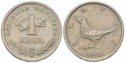 Хорватия 1 куна 1995 западный соловей, легенда на хорватском KM 9.1 медь цинк никель 4448-445