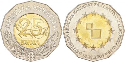 Хорватия 25 кун 2004 Хорватия кандидат в члены ЕС KM 78 биметалл UNC M42-19