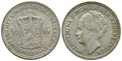 Нидерланды 1/2 гульдена 1929 Вильгельмина I (1890-1948) KM 160 серебро 177-946