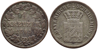 Бавария 1 крейцер 1865 Людвиг II (1864-1886) KM 487 серебро 1530-634