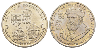 Португалия 200 эскудо 1998 Путешествие Васко да Гамы в Индию 1498 года - Васко да Гама KM 709 медно-никель UNC 1101-2-23
