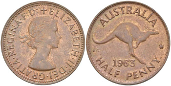 Австралия 1/2 пенни 1963 p, Елизавета II (1952-2022), кенгуру KM 61 бронза 4514-843