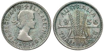 Австралия 3 пенса 1956 m, Елизавета II (1952-2022) KM 57 серебро 71-451