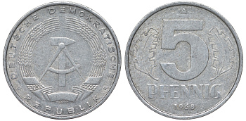 ГДР 5 ПФЕННИГОВ 1968 A KM 9.1 алюминий 62-151