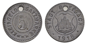 Брайзах 5 пфеннигов 1918 Funck 57.1A, Men05 3515.2, Men18 4458.2 цинк 1528-912
