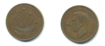 Великобритания 1/2 пенни 1948 Георг VI (1936-1952) KM 844, Spink 4115 бронза 59-1043