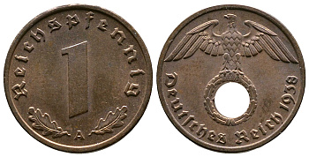 Германия 1 рейхспфенниг 1938 A KM 89, J. 361 бронза    220-251