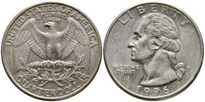 США 25 центов (квотер) 1996 D, Вашингтон KM А164а медь плакированная медно-никелем 259-416