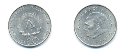 ГДР 20 марок 1972 А, Вильгельм Пик (1876-1960) KM 42 медно-никель 3333-425