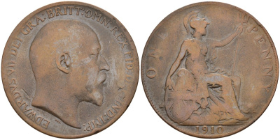 Великобритания 1 пенни 1910 Эдуард VII (1901-1910) KM 794.2, Sp 3990 бронза 4394-1146