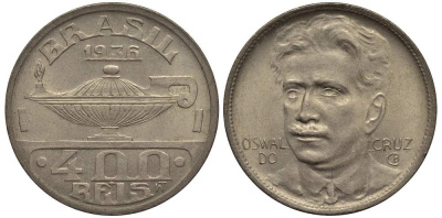 БРАЗИЛИЯ 400 РЕЙС 1936 БРАЗИЛЬСКИЙ МИКРОБИОЛОГ ОСВАЛЬДО КРУС, МАСЛЯНАЯ ЛАМПА KM 539 медно-никель 4517-1244
