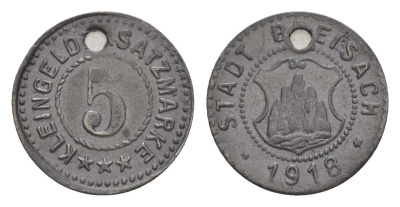 Брайзах 5 пфеннигов 1918 Funck 57.1A, Men05 3515.2, Men18 4458.2 цинк 1528-912