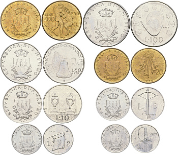 Сан-Марино годовой набор из 7 монет 1979 1, 2, 5, 10, 20, 50, 100 и 200 лир, FAO KM 89-96 UNC 3-6-4-59