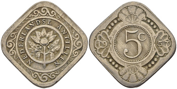 Нидерландские Антилы 5 центов 1957 Юлиана (1948-1980) KM 6 медно-никель 66-957