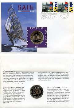 Нидерланды 1 экю 1995 Регата в Амстердаме, в оригинальном конверте, с марками, первый день гашения X 207 медно-никель BU 4-3-8-27