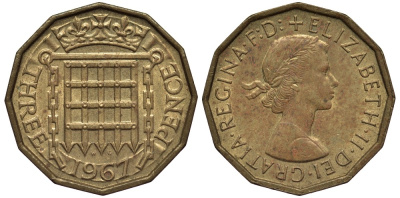 Великобритания 3 пенса 1967 Елизавета II (1952-2022) KM 900, Spink 4153 никель латунь 4538-1144