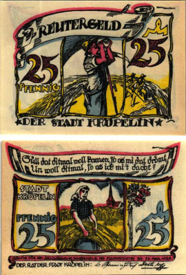 КРЁПЕЛИН 25 ПФЕННИГОВ 1922 НОТГЕЛЬД, 1922 - 28 ФЕВРАЛЯ 1922, ЗЕМЛЯ МЕКЛЕНБУРГ, ПЕРЕДНЯЯ ПОМЕРАНИЯ Grabowski 746.1 бумага 6318-41-2-2