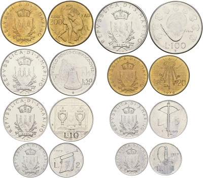 Сан-Марино годовой набор из 7 монет 1979 1, 2, 5, 10, 20, 50, 100 и 200 лир, FAO KM 89-96 UNC 3-6-4-59