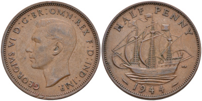 Великобритания 1/2 пенни 1944 Георг VI (1936-1952) KM 844, Spink 4115 бронза 4589-925